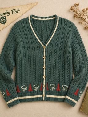 Folklore Style Vtg Green Christmas Long Sleeve Cardigan Sweater. Ladies Small